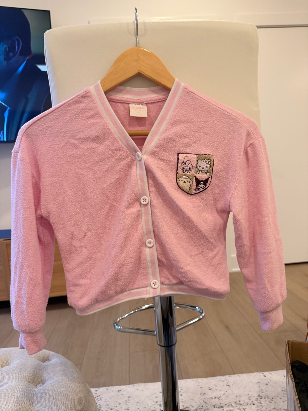 Sanrio Pink Button-Front Plush Cardigan with Character Patch